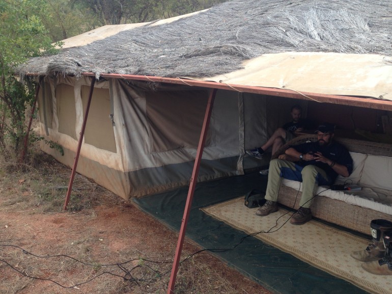 Philip and Reg getting the BRCK working at the Leakey's camp